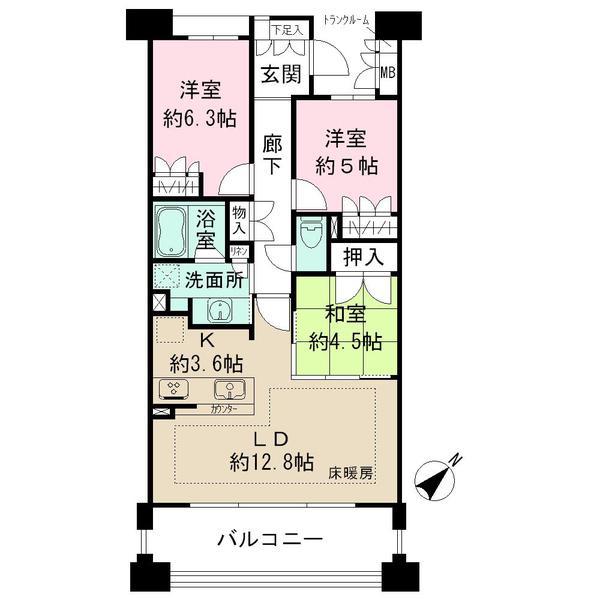 Floor plan. 3LDK, Price 32 million yen, Footprint 74.2 sq m , Balcony area 12.8 sq m