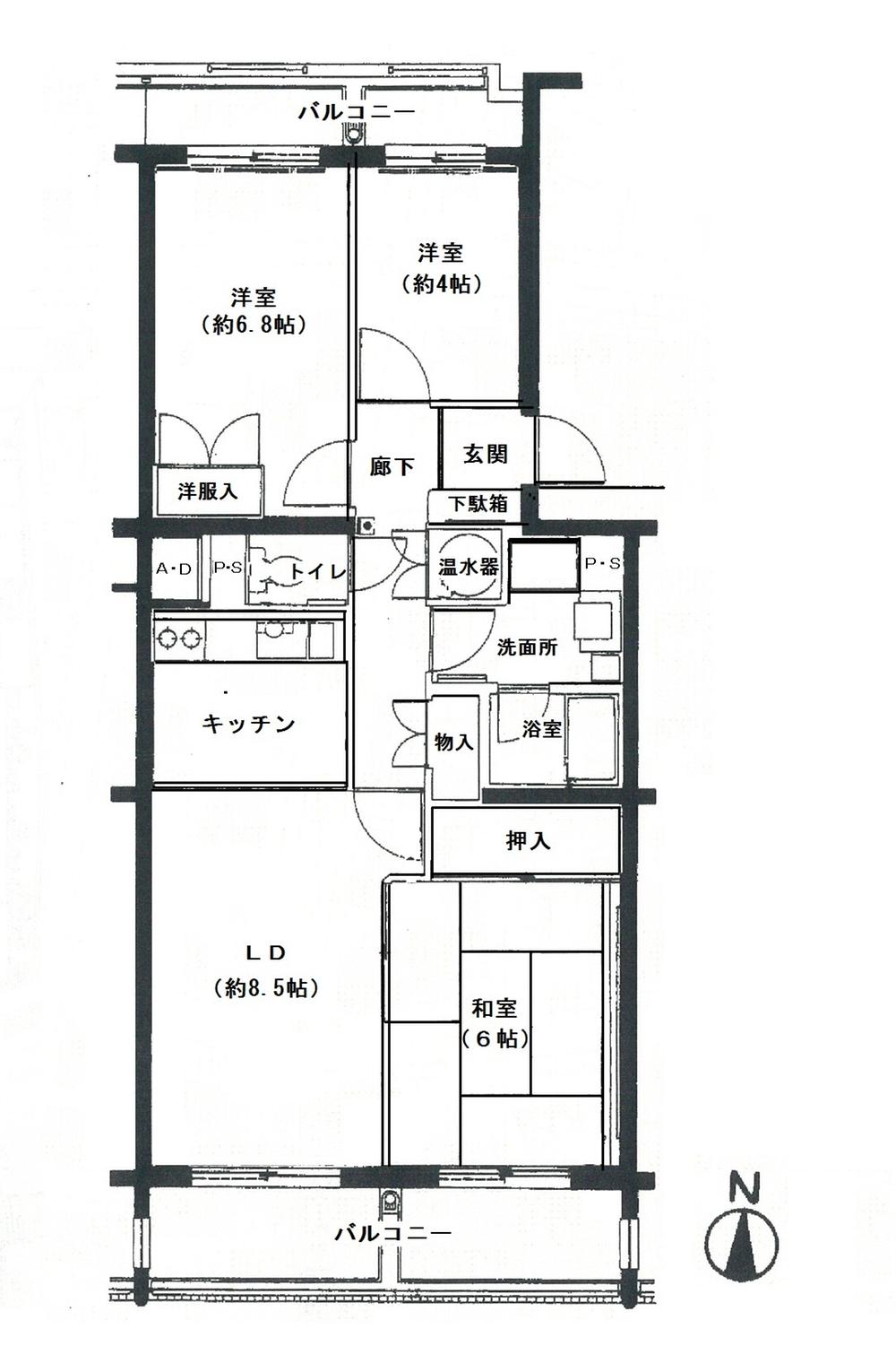 Floor plan. 3LDK, Price 8.8 million yen, Occupied area 67.69 sq m , Balcony area 13.15 sq m