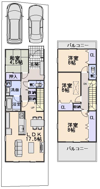 Building plan example (floor plan). Building plan example (B compartment) 4LDK, Land price 13,780,000 yen, Land area 114.42 sq m , Building price 20,520,000 yen, Building area 108.06 sq m