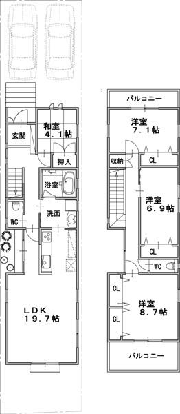 Building plan example (floor plan). Building plan example (west section) 4LDK, Land price 21,980,000 yen, Land area 126.66 sq m , Building price 20,520,000 yen, Building area 120.06 sq m