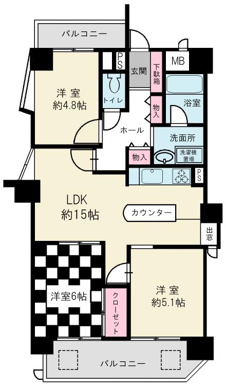 Floor plan. 3LDK, Price 11.3 million yen, Occupied area 63.63 sq m , Balcony area 11.82 sq m