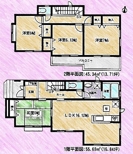 Floor plan. (E Building), Price 34,800,000 yen, 4LDK, Land area 127.2 sq m , Building area 101.03 sq m