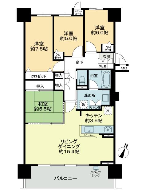 Floor plan. 4LDK, Price 33,800,000 yen, Occupied area 93.45 sq m , Balcony area 14.06 sq m floor plan
