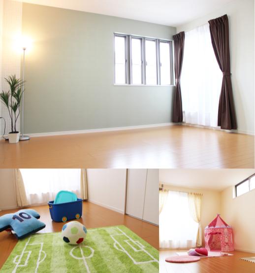 Model house photo. 2F is Western-style 3 ~ 4 room. Of course, the room of the child to the master bedroom of a married couple, Husband and wife of the hobby room can also ensure. Without feeling the narrowness even after time is, 5LDK housing that can clear a living at any time.