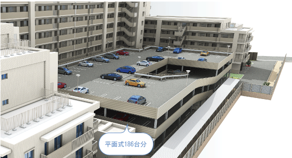 Shared facilities.  [Self-propelled plane parking] Prepare a self-propelled plane parking building of a two-layer three-stage on-site. Scan pace of margin that can accommodate 186 cars a (104 percent) is reserved. No troublesome button operations as mechanical, Out privileges also smooth. Less waiting time, even in the morning at the time of attendance, You can use the private car in the stress-free (Rendering)