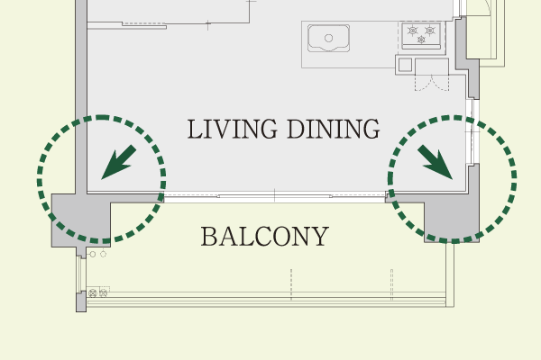 Building structure.  [Out Paul design] Out the interior of the pillar on the balcony, Adopted out pole design eliminates the dead space of the room. In a small square space of the bulge, You can use efficiently the room ※ Except for some room (conceptual diagram)