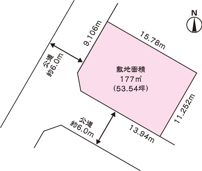 Compartment figure. Land price 34,900,000 yen, Land area 177 sq m southwest corner lot Public road dihedral 6m