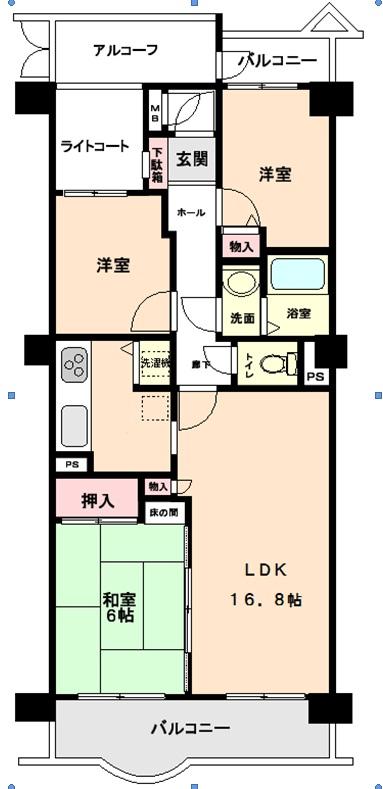 Floor plan. 3LDK, Price 9.5 million yen, Occupied area 65.58 sq m , Balcony area 10.28 sq m