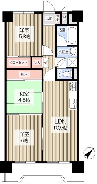 Floor plan. 3LDK, Price 9.3 million yen, Footprint 64.4 sq m , Balcony area 7.49 sq m
