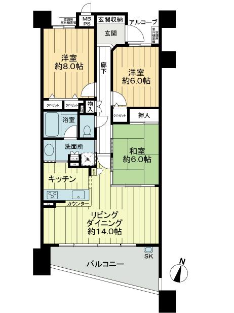 Floor plan. 3LDK, Price 20.8 million yen, Occupied area 85.26 sq m , Balcony area 12.92 sq m floor plan