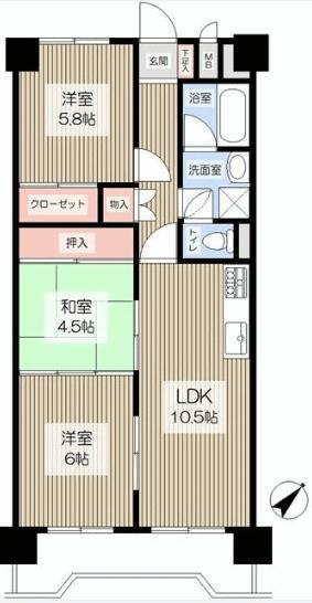 Floor plan. 3LDK, Price 9.3 million yen, Footprint 64.4 sq m , Balcony area 7.49 sq m floor plan