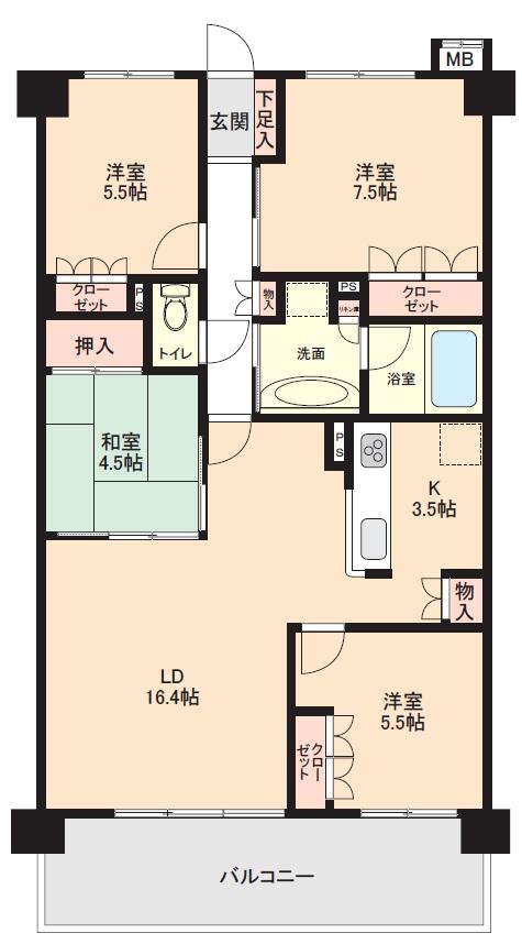 Floor plan. 4LDK, Price 28.5 million yen, Occupied area 90.45 sq m , Balcony area 13.87 sq m