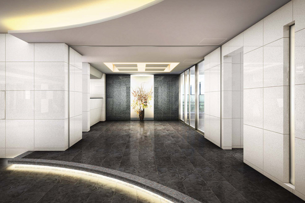 Features of the building.  [Entrance hall] Big spread Entrance Hall When you pass through the Owner's Entrance. Even in a sophisticated impression in the cool of the white tones, Commitment of materials and indirect lighting, Will produce a space of calm hospitality (Rendering)