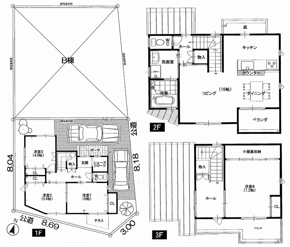 Building plan example (floor plan). 1F 43.00 sq m 2F 40.08 sq m 3F 21.14 sq m Total floor area of ​​104.22 sq m