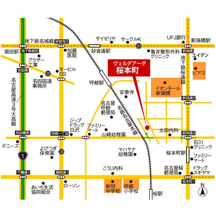 Local guide map. Please enter the "Nagoya Minami-ku Yobitsugimoto-cho, No. 27 29" the direction of the car navigation system use. 