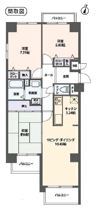 Floor plan. 3LDK, Price 12 million yen, Occupied area 69.84 sq m , Balcony area 9.85 sq m