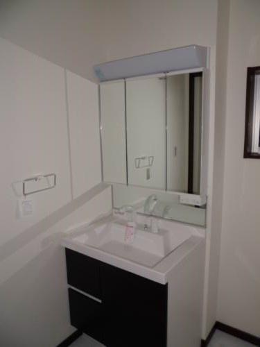 Wash basin, toilet. Three-sided mirror