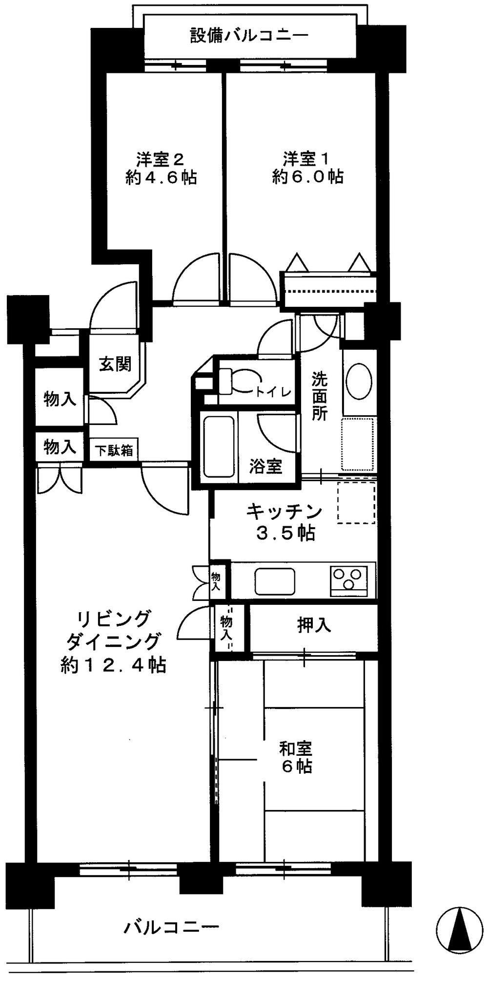 Floor plan. 3LDK, Price 12.8 million yen, Occupied area 74.58 sq m , Balcony area 10.2 sq m