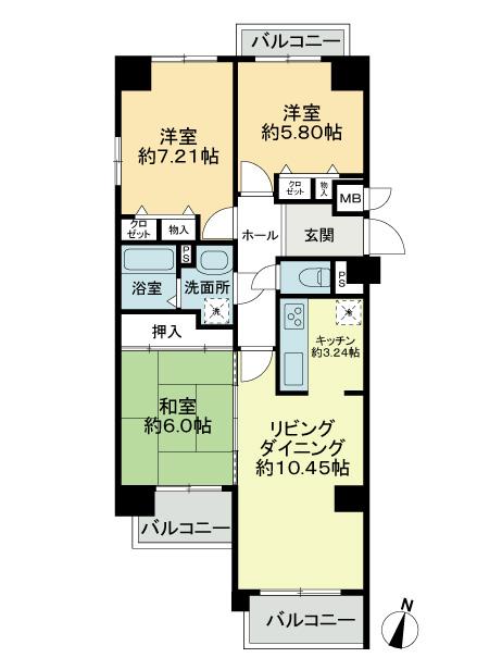 Floor plan. 3LDK, Price 12 million yen, Occupied area 69.84 sq m , Balcony area 9.85 sq m 3LDK occupied area 69.84 sq m , Balcony area 9.85 sq m , Already the room renovation