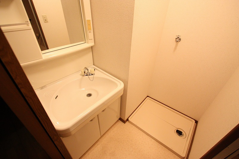 Washroom. Independent sink and washing machine inside the room image