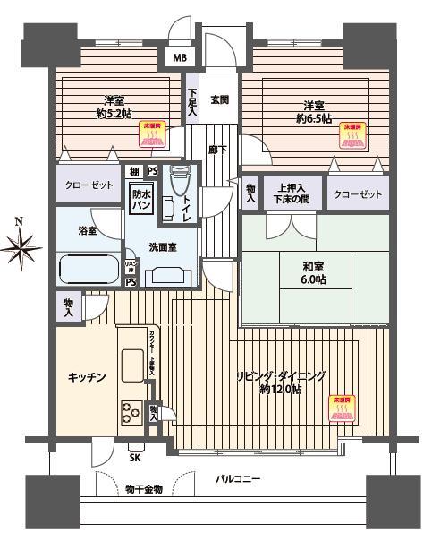 Floor plan. 3LDK, Price 17.8 million yen, Occupied area 75.83 sq m , Balcony area 14.46 sq m   ■ 3LDK (LDK, Each Western-style on there floor heating)