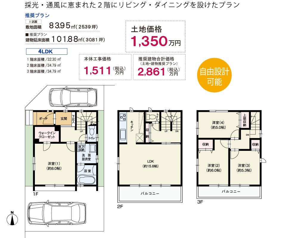 Compartment view + building plan example. Building plan example (A compartment (4LDK plan)) 4LDK, Land price 13.5 million yen, Land area 83.95 sq m , Building price 15,110,000 yen, Building area 101.88 sq m