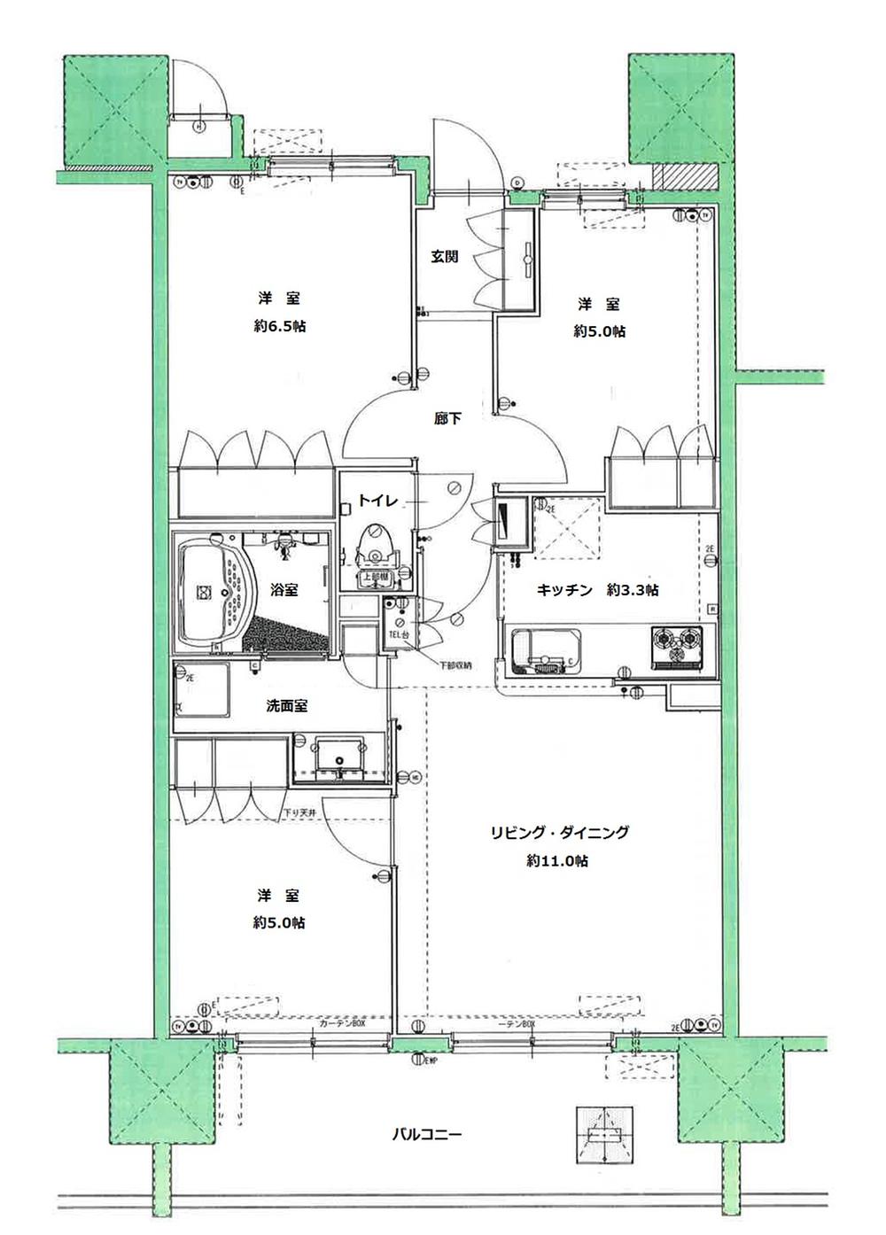 Floor plan. 3LDK, Price 18.4 million yen, Occupied area 66.68 sq m , Balcony area 11.88 sq m south Western-style balcony to enjoy the charm of the dwelling unit plan