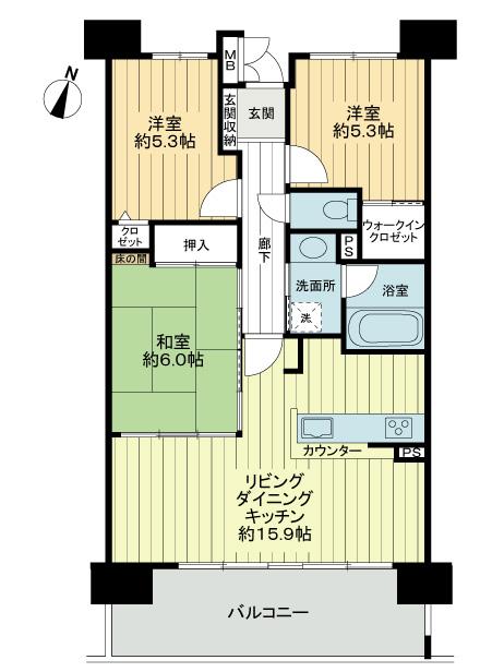 Floor plan. 3LDK, Price 19.3 million yen, Occupied area 70.53 sq m , Balcony area 13.2 sq m 3LDK, occupied area 70.53 sq m , LDK about 15.9 Pledge