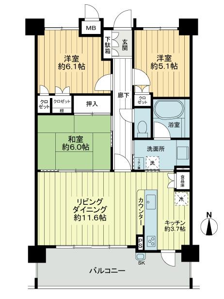 Floor plan. 3LDK, Price 16.8 million yen, Occupied area 72.81 sq m , Balcony area 13.28 sq m