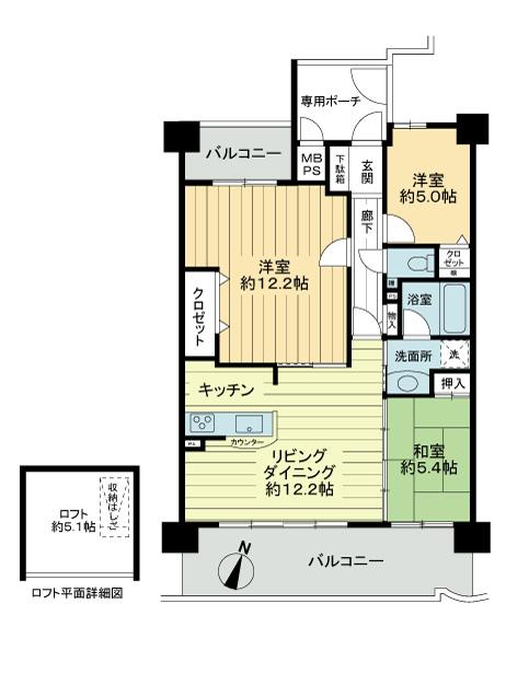 Floor plan. 3LDK, Price 18,800,000 yen, Occupied area 81.55 sq m , Balcony area 20.88 sq m 3LDK occupied area 81.55 sq m , Loft about 5.1 tatami, Living ceiling height of about four meters