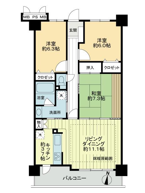 Floor plan. 3LDK, Price 13.7 million yen, Occupied area 77.92 sq m , Balcony area 9.8 sq m