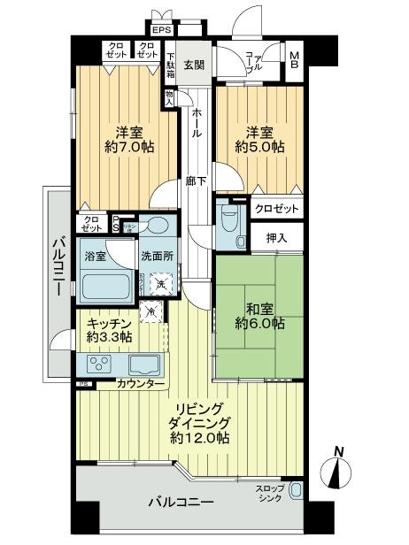 Floor plan. 3LDK, Price 27,400,000 yen, Footprint 74.1 sq m , Balcony area 14 sq m