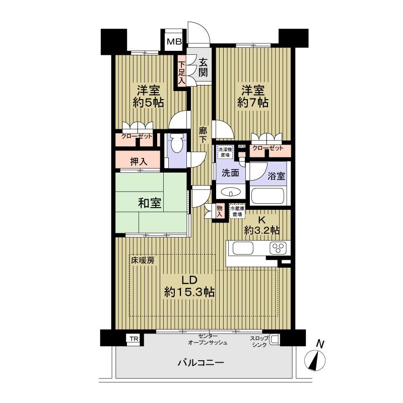 Floor plan. 3LDK, Price 34,900,000 yen, Occupied area 75.23 sq m , It is a bright living on the balcony area 13.47 sq m center open sash!
