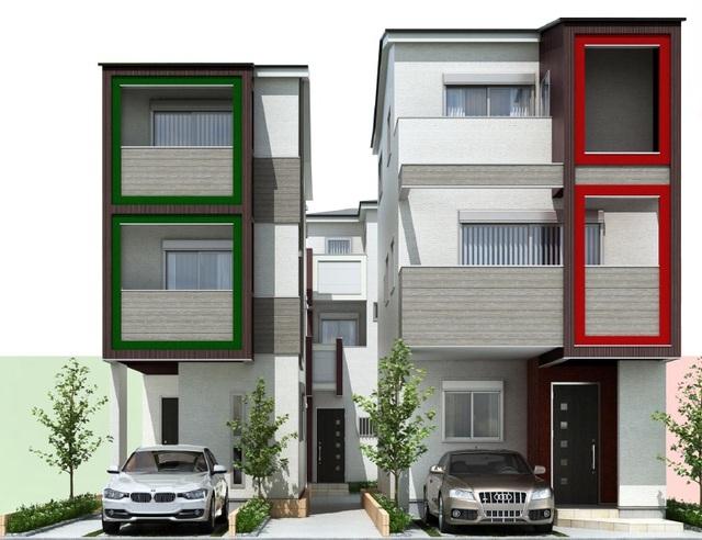 Rendering (appearance). Complete image C from the left, B, A Building