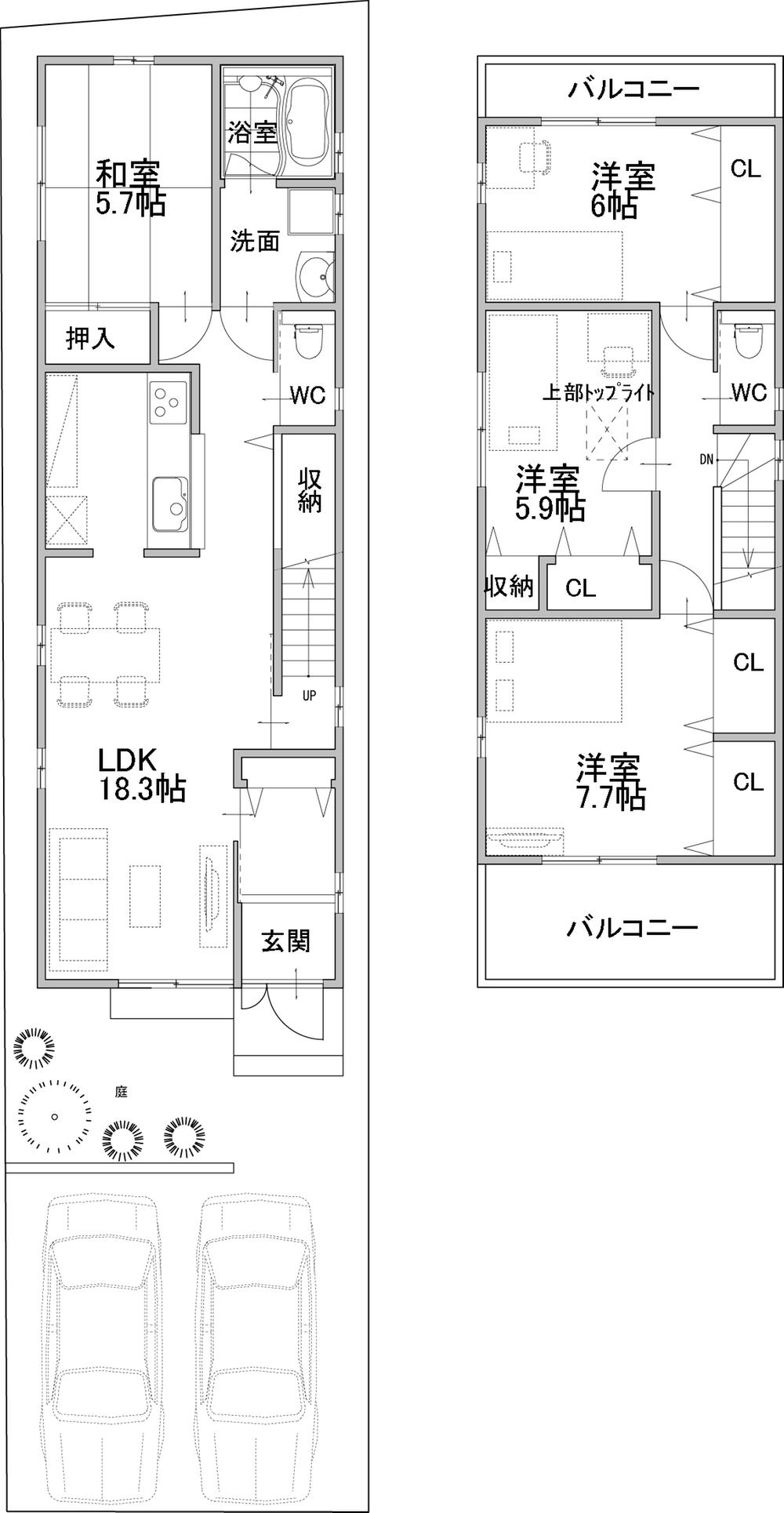 Building plan example (floor plan). Building plan example (west compartment building reference plan) 4LDK, Land price 22,280,000 yen, Land area 119.38 sq m , Building price 20,520,000 yen, Building area 108.11 sq m