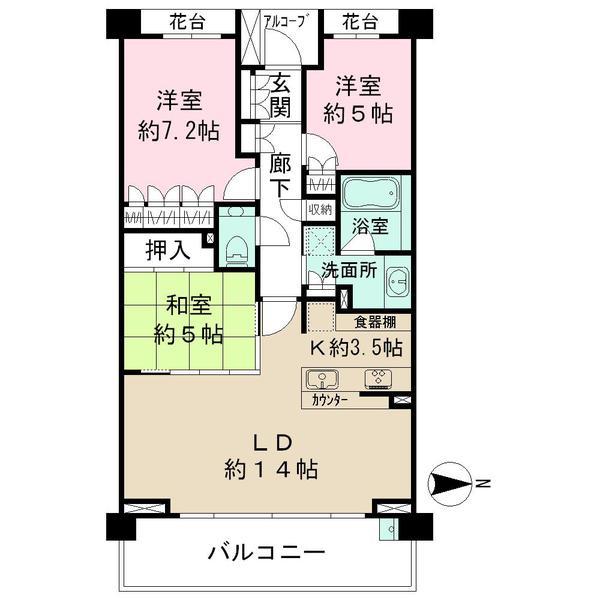 Floor plan. 3LDK, Price 36,800,000 yen, Footprint 77.6 sq m , Widely balcony area 12.29 sq m front road, It contains the light in the living room dining from the balcony of a feeling of opening.