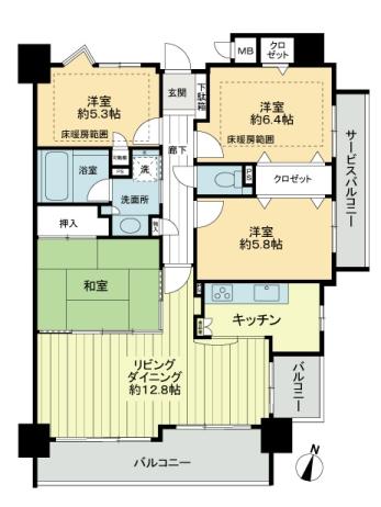 Floor plan. 4LDK, Price 19 million yen, Occupied area 85.83 sq m , Balcony area 12.09 sq m