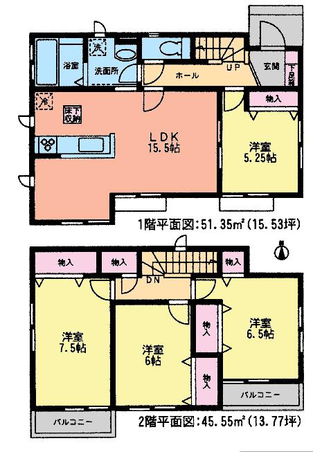 Floor plan. (Building 2), Price 26,800,000 yen, 4LDK, Land area 121.77 sq m , Building area 96.9 sq m