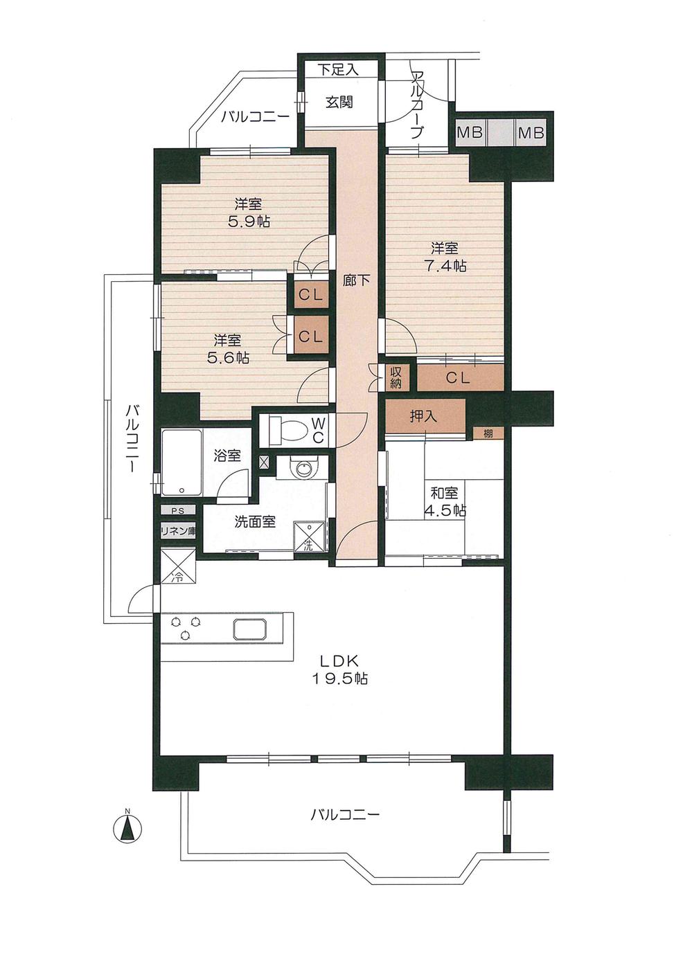 Floor plan. 4LDK, Price 18 million yen, Occupied area 97.73 sq m , Balcony area 25.05 sq m