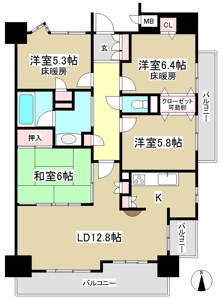 Floor plan. 4LDK, Price 19 million yen, Occupied area 85.83 sq m , 2 room between the balcony area 17.16 sq m Northern With floor heating!
