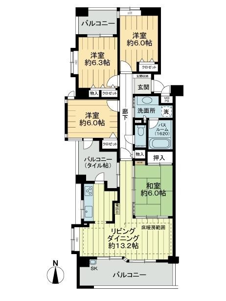 Floor plan. 4LDK, Price 24,900,000 yen, Occupied area 91.68 sq m , There is a balcony area 24.06 sq m inner balcony, Also comes with a doorway to the kitchen there is a window in the hallway.