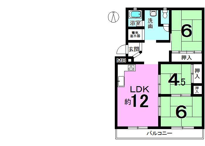 Floor plan. 3LDK, Price 6.5 million yen, Occupied area 64.34 sq m , Balcony area 5 sq m