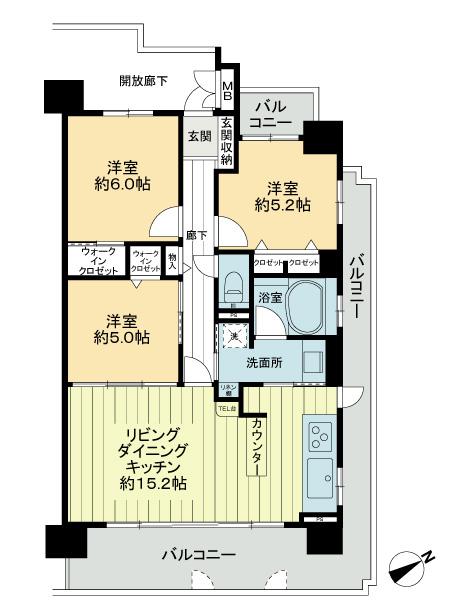 Floor plan. 3LDK, Price 25,800,000 yen, Occupied area 72.45 sq m , Balcony of balcony area 25.91 sq m L type is characterized by floor plan.