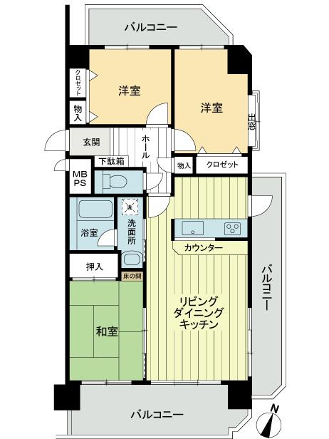 Floor plan. 3LDK, Price 11.9 million yen, Occupied area 72.45 sq m , Balcony area 25.65 sq m southeast angle dwelling unit ・ Three-sided balcony