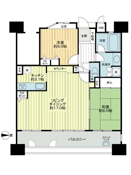 Floor plan. 2LDK, Price 18.5 million yen, Occupied area 71.08 sq m , Balcony area 17.8 sq m