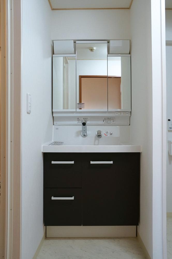 Wash basin, toilet. Storage is with in a three-sided mirror type.
