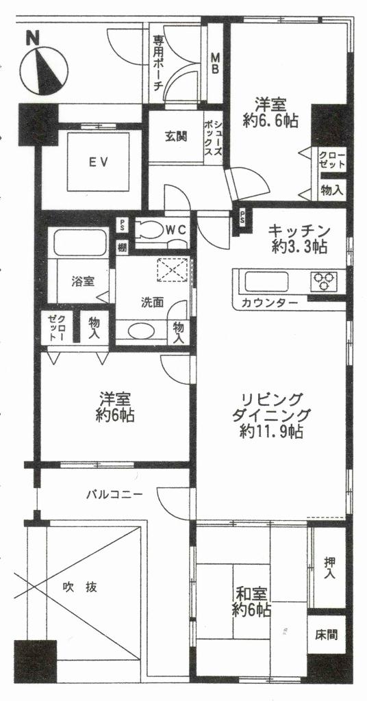 Floor plan. 3LDK, Price 28.8 million yen, Occupied area 77.47 sq m , Balcony area 9.2 sq m