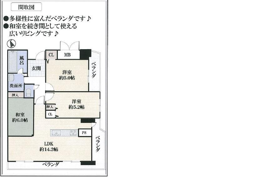 Floor plan. 3LDK, Price 19,800,000 yen, Occupied area 77.95 sq m   ◆ Rich in diversity veranda!  ◆ Large living that can be used a Japanese-style room as Tsuzukiai!
