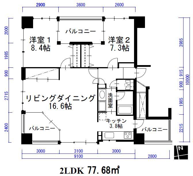 Floor plan. 2LDK, Price 22 million yen, Occupied area 77.68 sq m , Balcony area 19.02 sq m