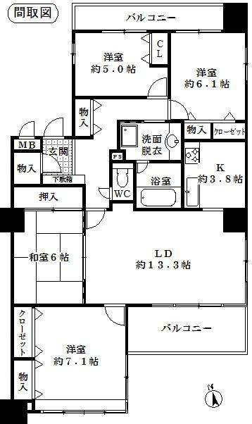 Floor plan. 4LDK, Price 27 million yen, Occupied area 96.14 sq m , Balcony area 12.8 sq m